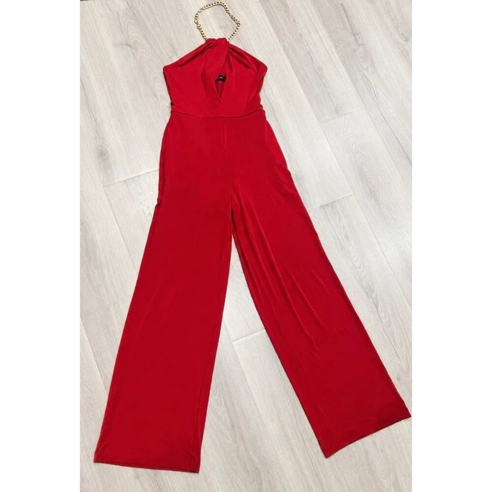 GUESS Women’s Red Halter Wide Leg Jumpsuit Size XS Gold Chain Detail